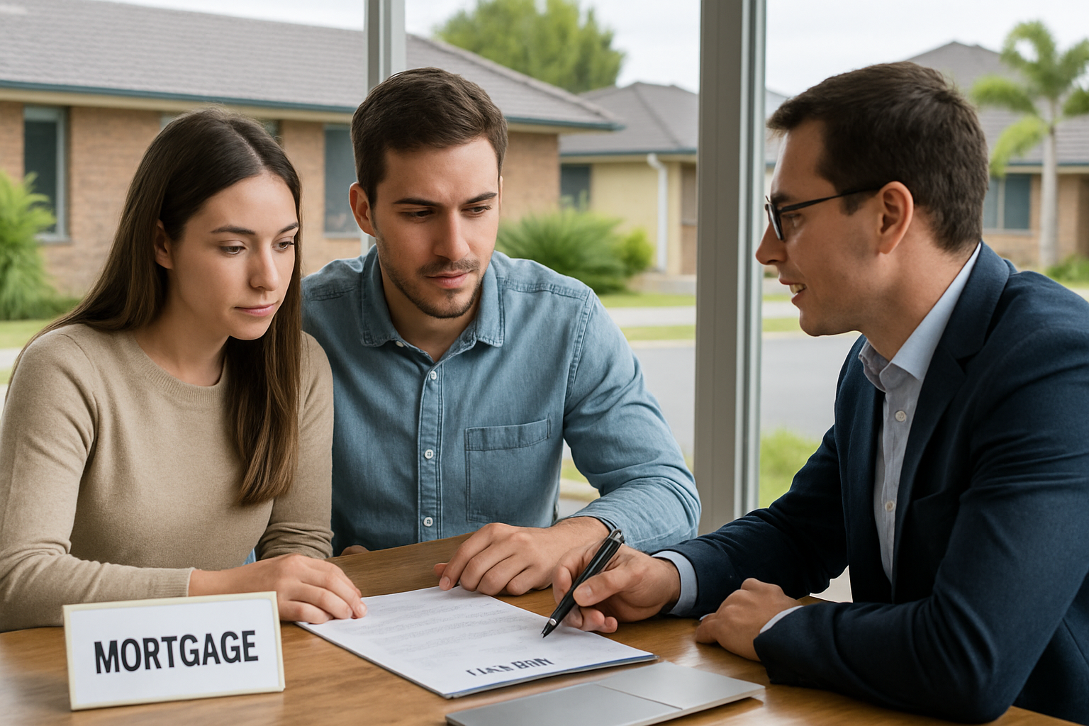 A first home buyer couple reviewing mortgage documents with a mortgage broker in Baldivis, WA. Alt: First home buyer loans Baldivis advice and mortgage consultation.