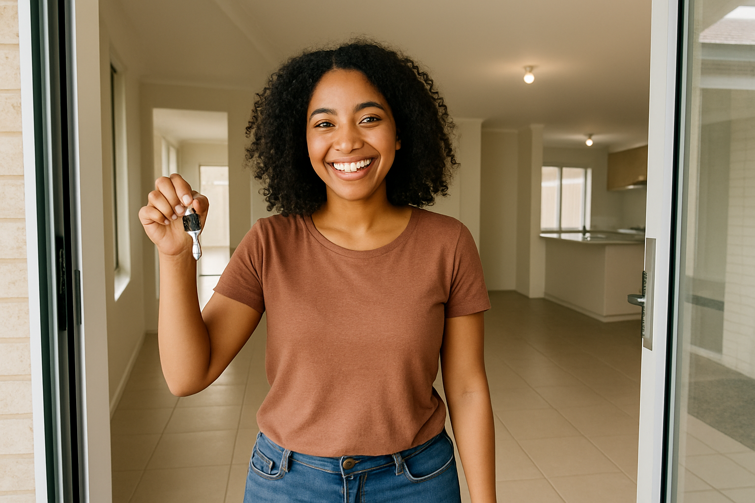 Smiling first home buyer walking into their new Baldivis home with keys in hand. Alt: First home buyer loans Baldivis success and home ownership celebration.