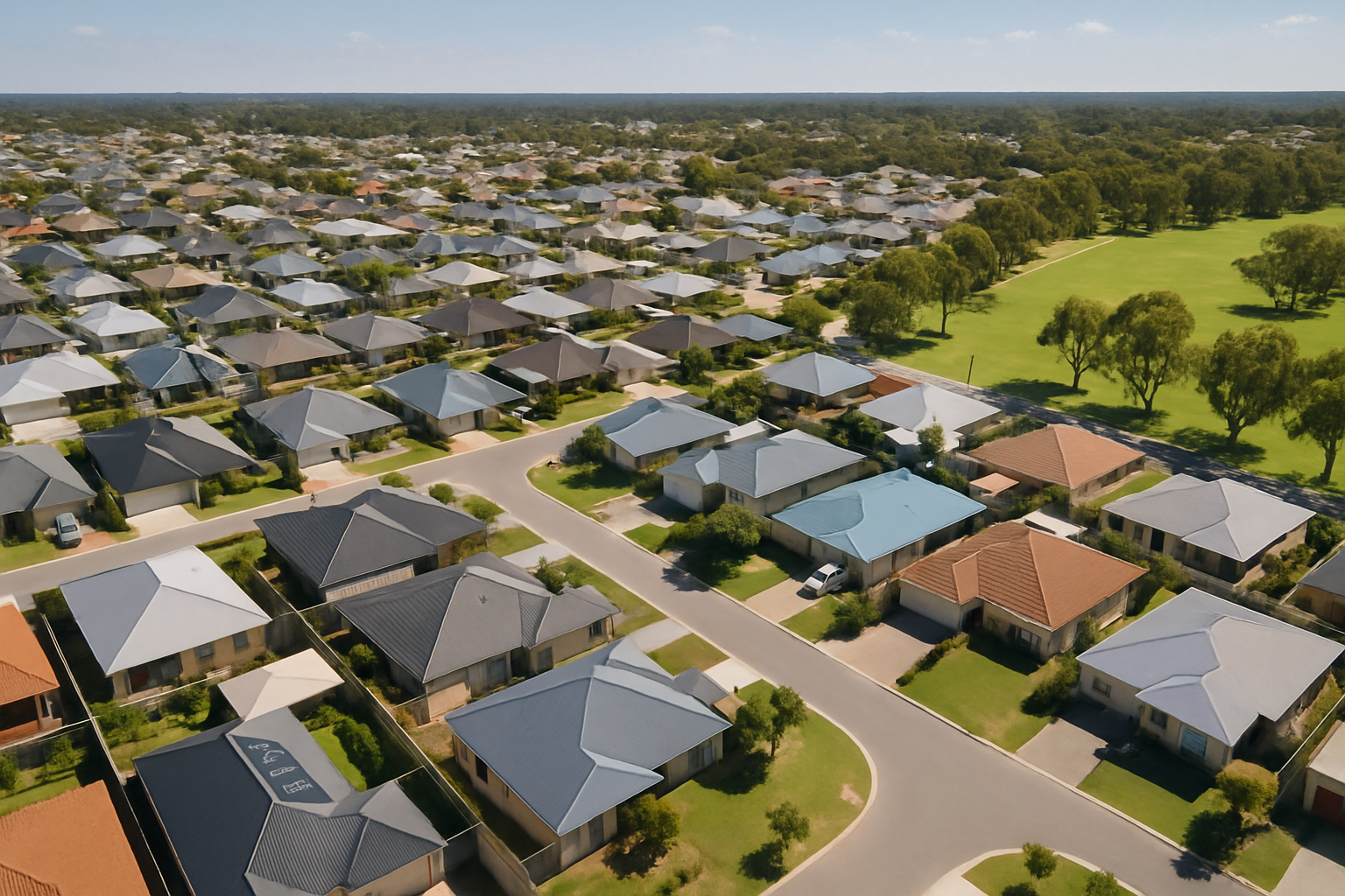Aerial view of Baldivis suburb showcasing residential homes and green spaces. Alt: Baldivis suburb housing and lifestyle for first home buyers.