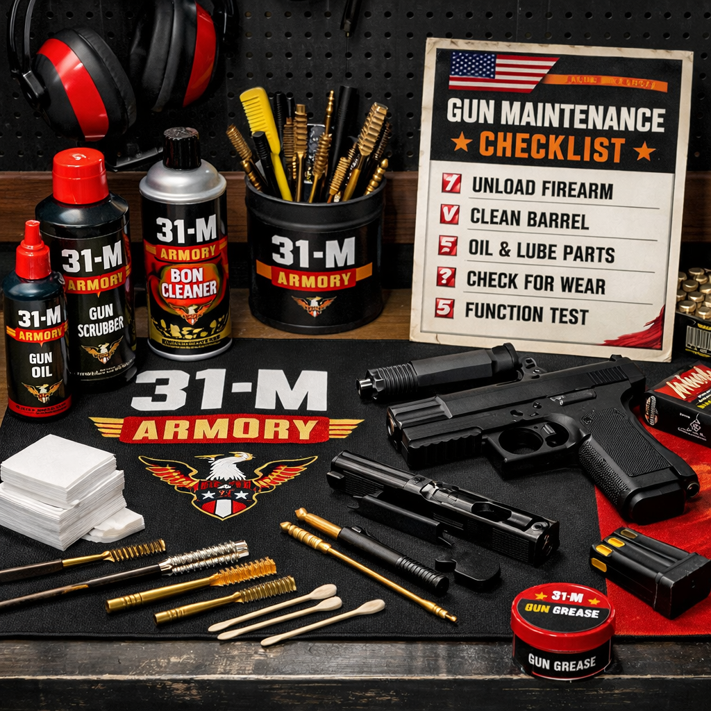 A realistic illustration of a gun cleaning station with solvents, brushes, patches, and a firearm on a workbench. Alt: gun maintenance checklist for first time gun owners