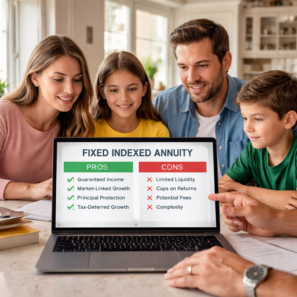 A photorealistic scene of a family gathered around a kitchen table reviewing a fixed indexed annuity illustration on a laptop, with a split‑screen graphic highlighting the pros on the left and cons on the right. Alt: Fixed indexed annuity pros and cons comparison for families and small business owners.