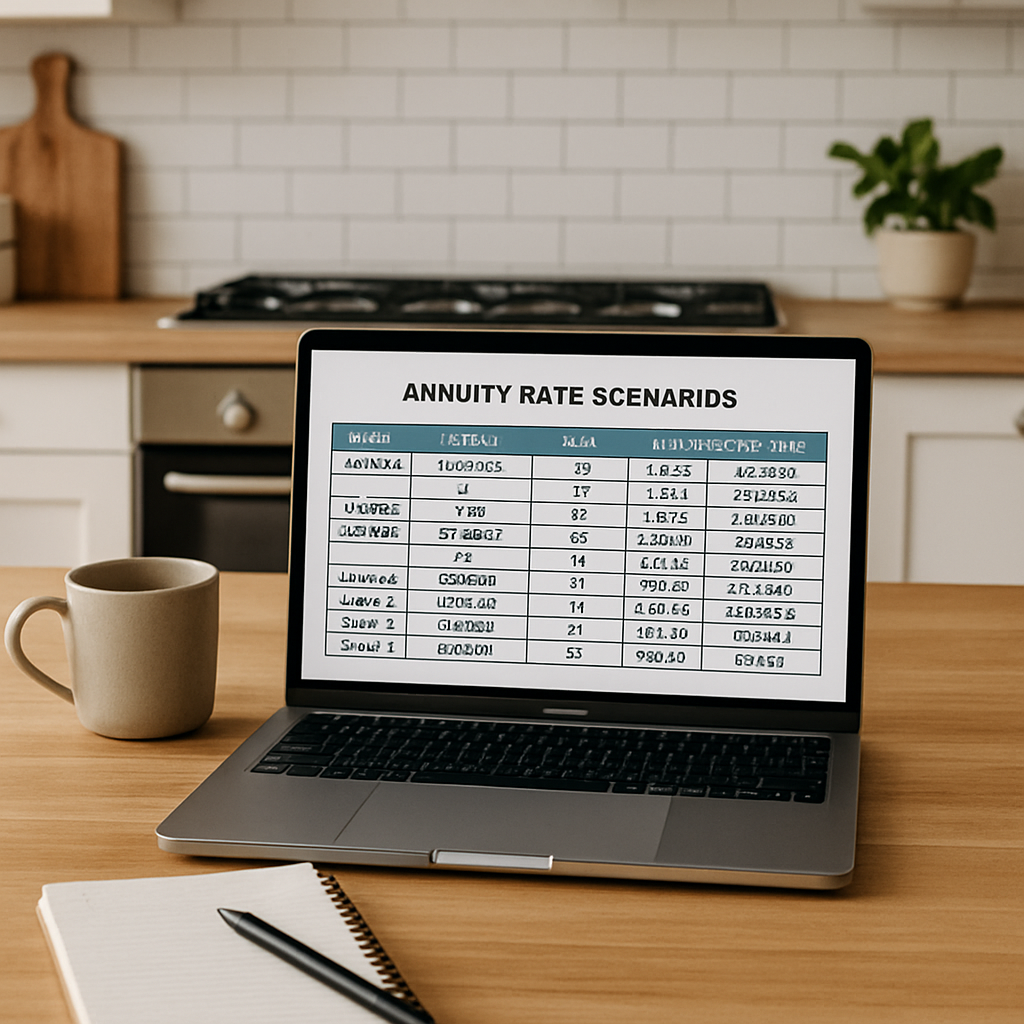 A calm kitchen table with a laptop displaying a spreadsheet of annuity rate scenarios, a coffee mug, and a notepad. Alt: Detailed visual of fixed indexed annuity rate calculations and examples.