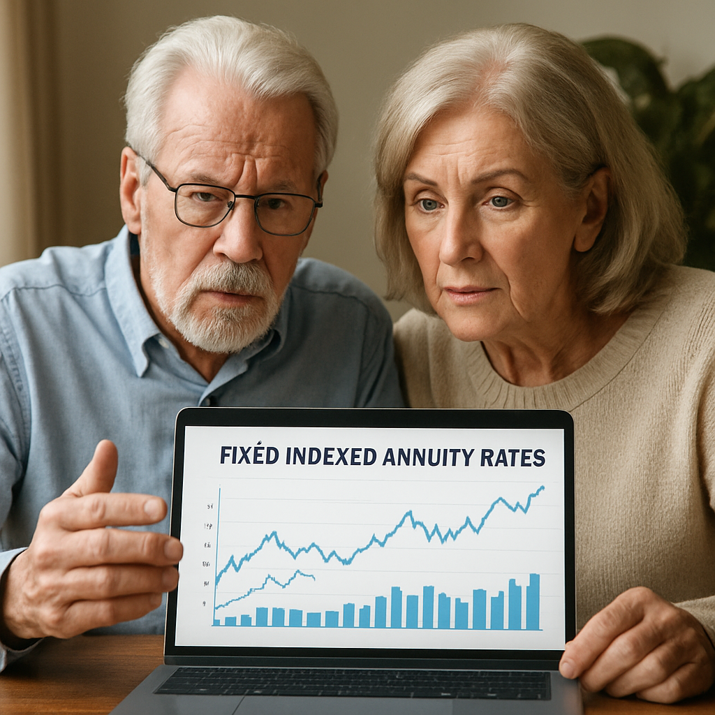 A senior couple reviewing a laptop screen that shows a chart of fixed indexed annuity rates with market trend lines. Alt: Fixed indexed annuity rates illustrated with market conditions overlay.