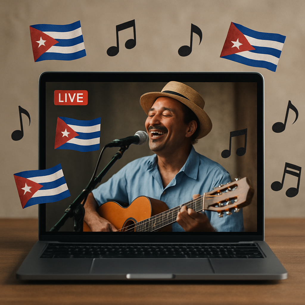 An AI‑generated illustration of a laptop showing a live music stream, with Cuban flags and musical notes floating around. Alt: plataformas de streaming libres para música cubana en eventos.