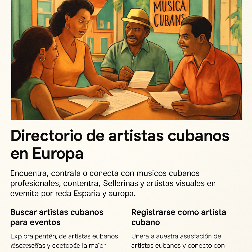 A vibrant illustration of a booking agency office with Cuban musicians discussing a calendar, Alt: agencias de booking y gestión de eventos para música cubana