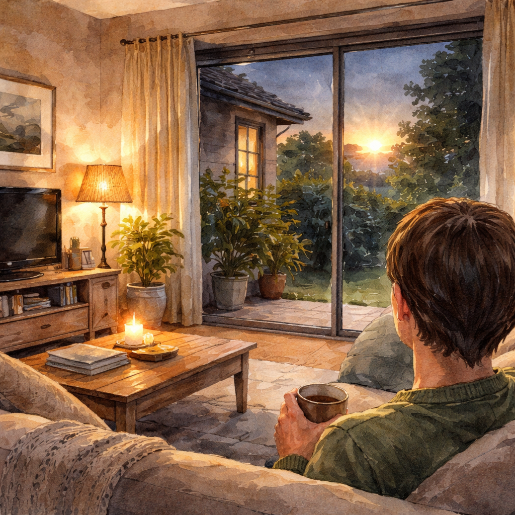 A close‑up of an Australian suburban living room in the evening, with a person looking toward a window where a subtle flash of light is visible in the peripheral vision. Alt: Person recognizing flashes of light in both eyes while relaxing at home.