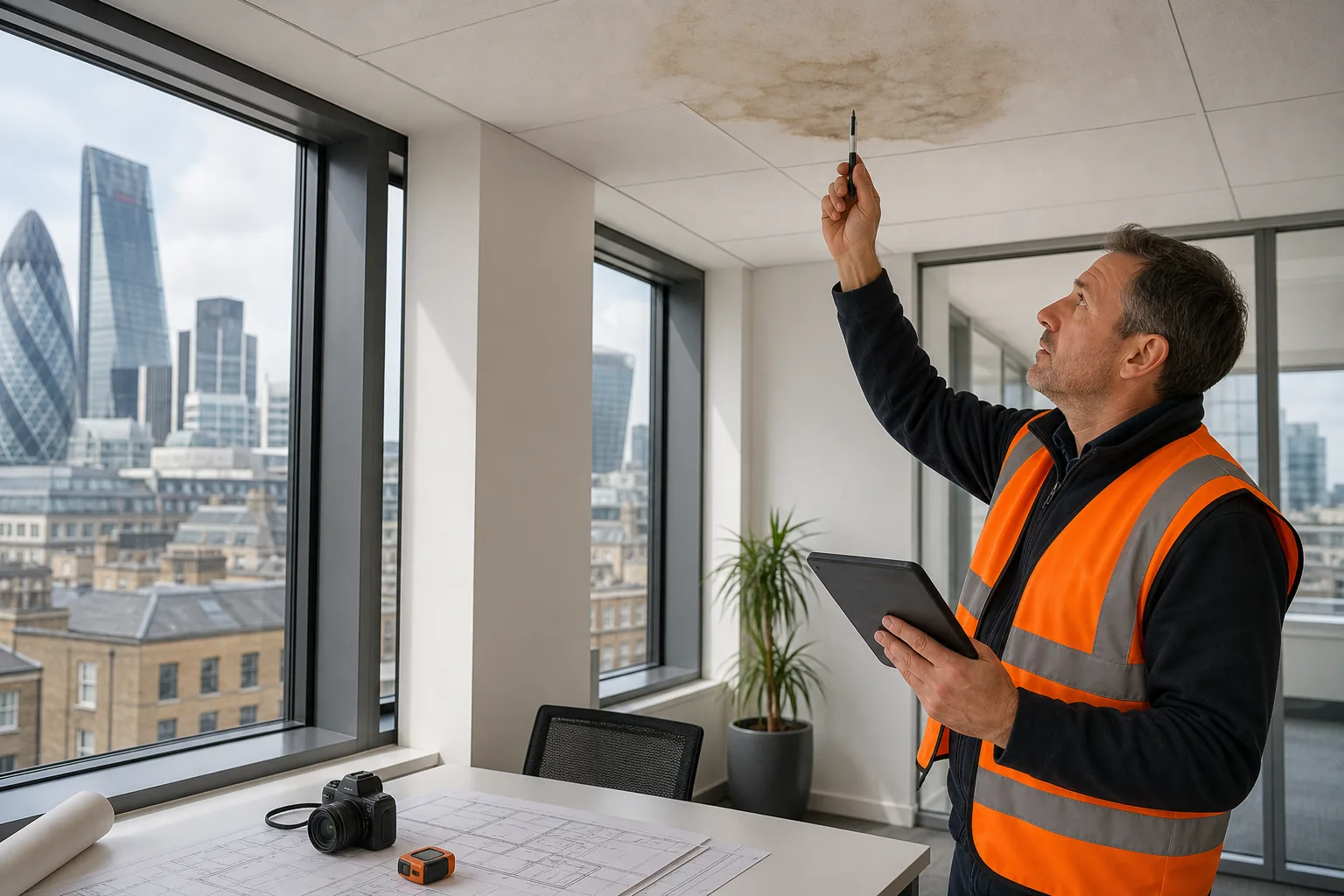 facilities manager recording signs of flat roof problems and internal water damage.