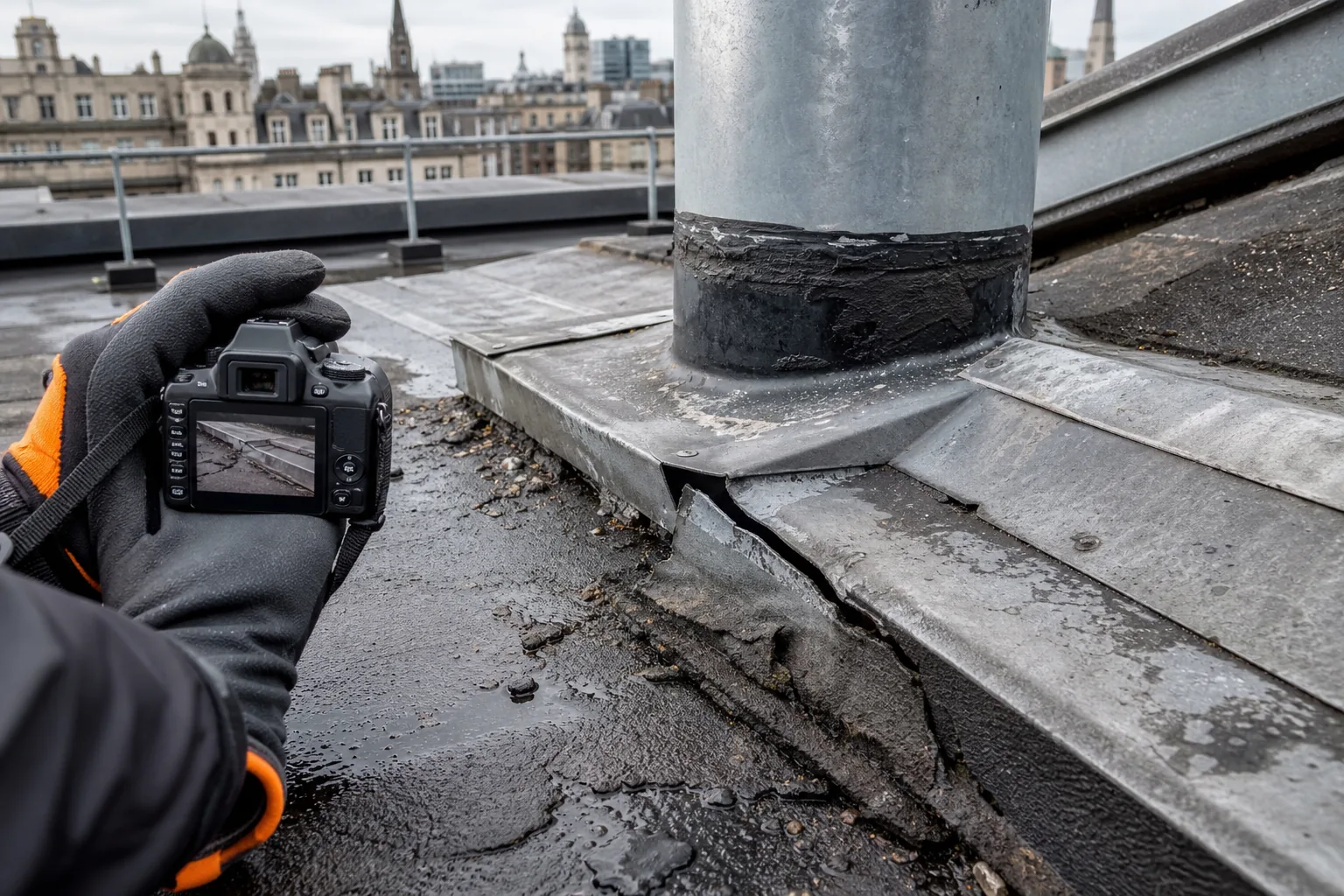 close inspection of flat roof membrane splits, failed flashing and roof deck defects.