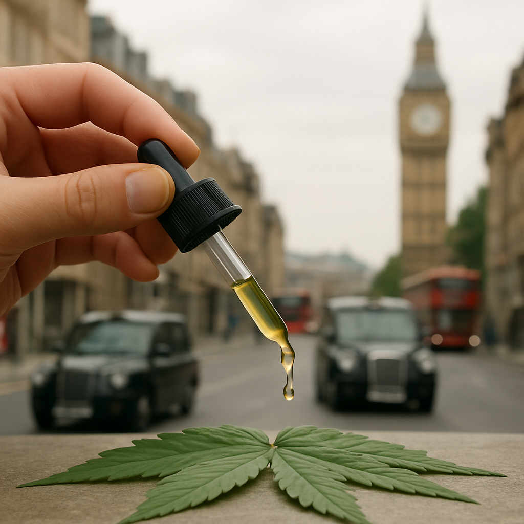 A serene hand holding a dropper of cold-extracted CBD oil resting on a fresh green leaf. Alt: Cold-extracted CBD oil on fresh green leaf illustrating natural flavonoid extraction.