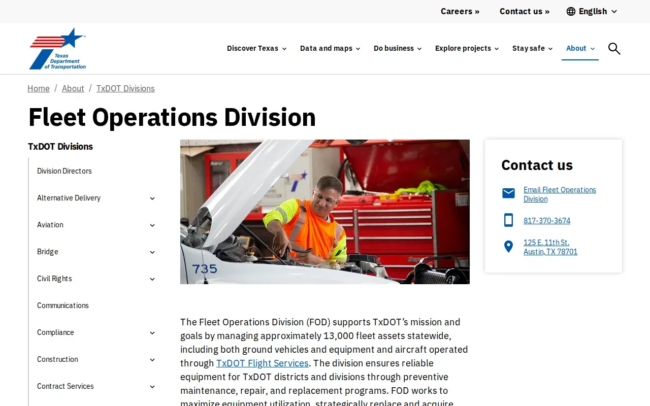 Screenshot of the Fleet Operations Division by TxDOT website