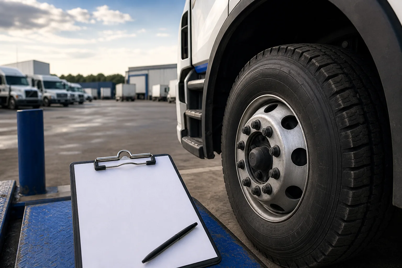 Fleet tire inspection checklist for commercial trucks in a US fleet yard.