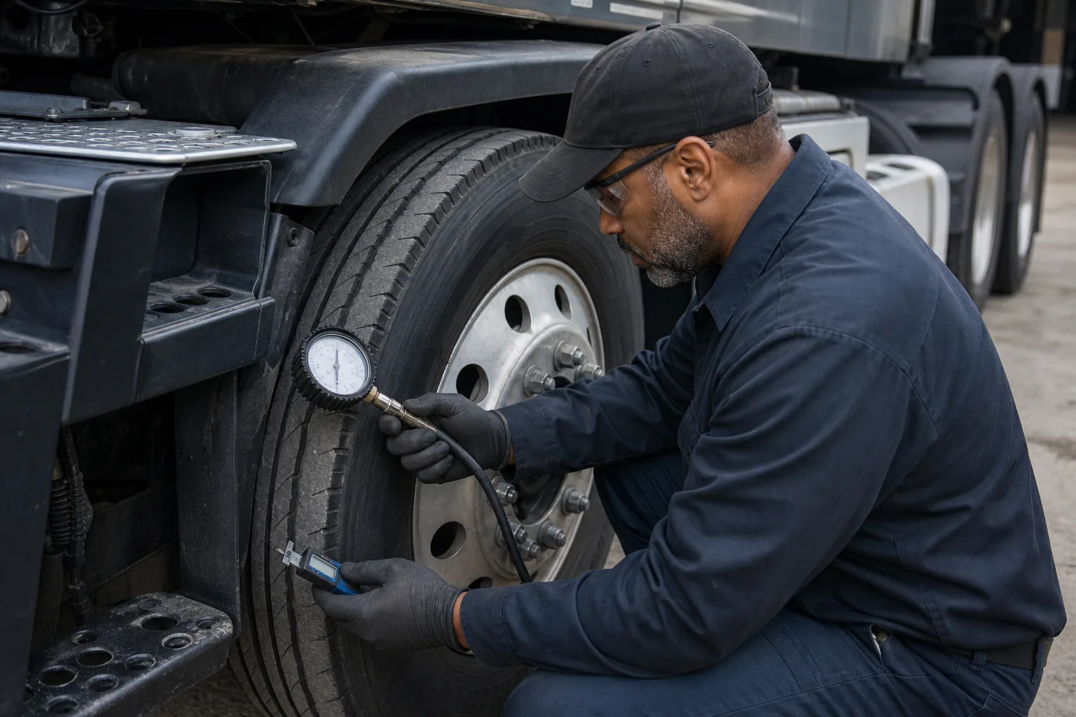 Technician checking commercial truck tire pressure and tread depth in the United States.