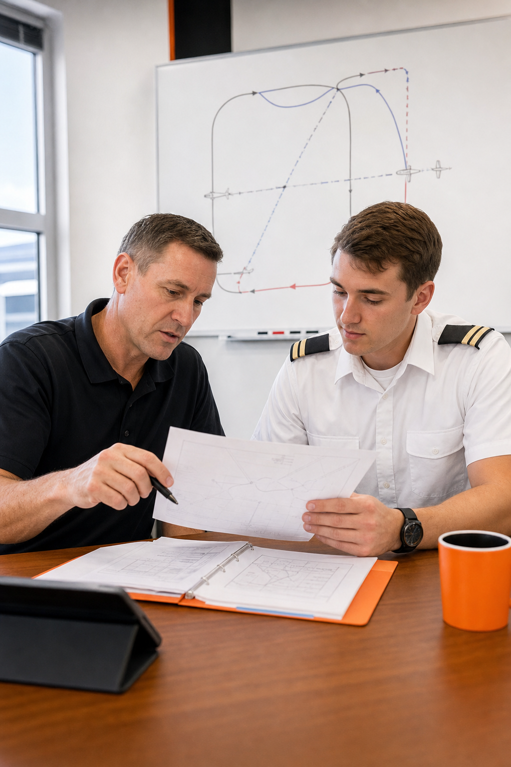 A photorealistic scene of a flight instructor and student pilot reviewing a printed lesson plan together in a bright, modern flight school briefing room, with a whiteboard showing a flight maneuver diagram in the background. Alt: flight instructor certification training pathway at a flight school.