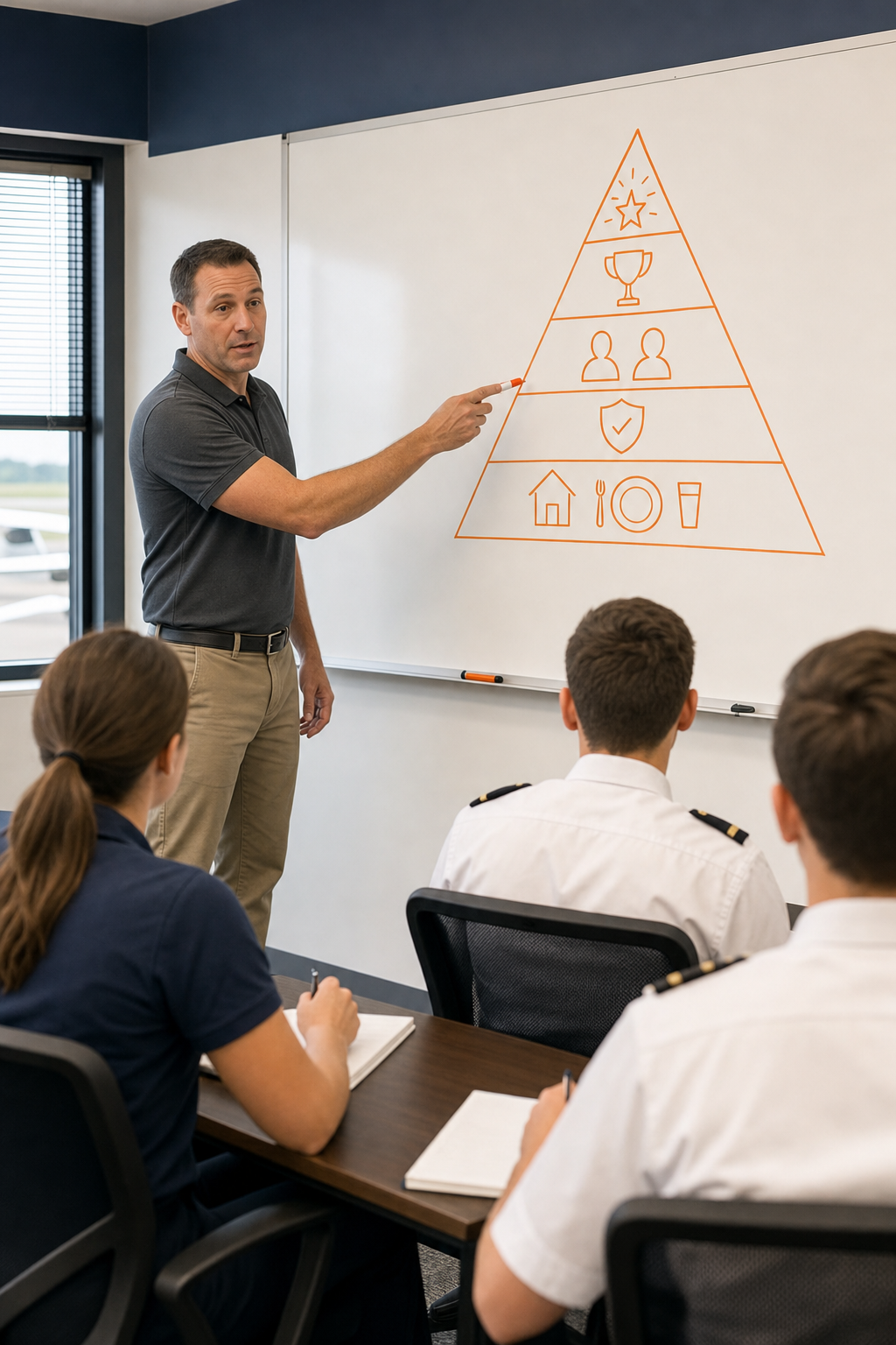 A flight instructor standing at a whiteboard in a flight school classroom, pointing to a diagram of Maslow's hierarchy of needs drawn in orange marker, with student pilots seated and taking notes. Alt: fundamentals of instruction lesson for flight instructor certification students.