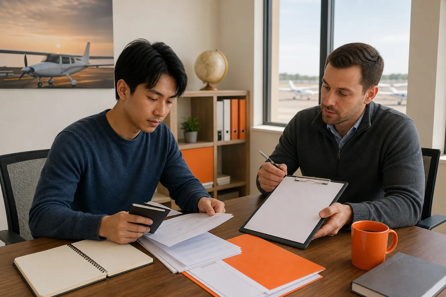 International pilot student preparing flight school application documents and budget
