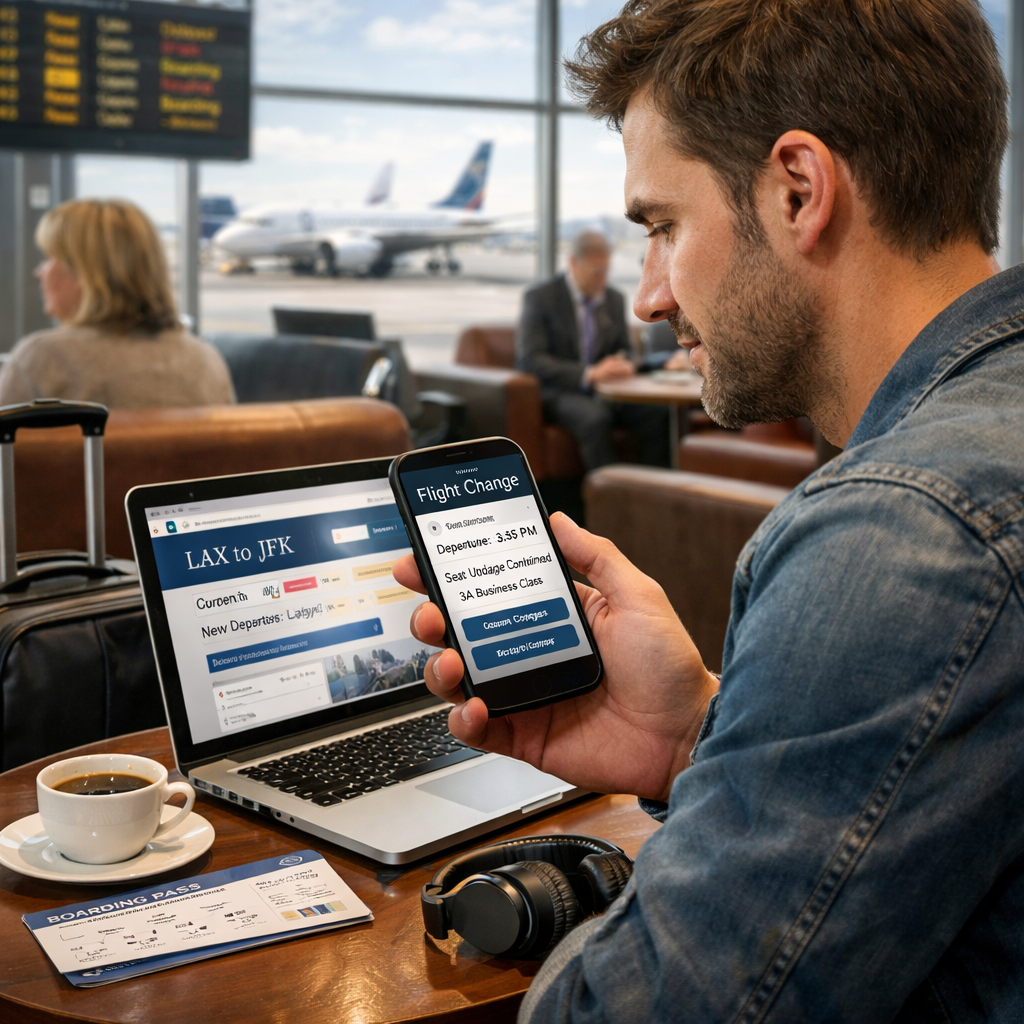 A realistic illustration of a traveler checking a phone for flight changes at an airport lounge, alt: managing flight changes and upgrades