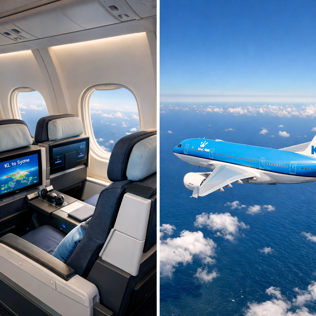 A realistic photo of a modern KLM Airbus A330 cruising over the ocean, showing the airline's blue livery and a view of the cabin with comfortable seats. Alt: KLM flight KL to Sydney cabin view, comfortable seats, blue livery.