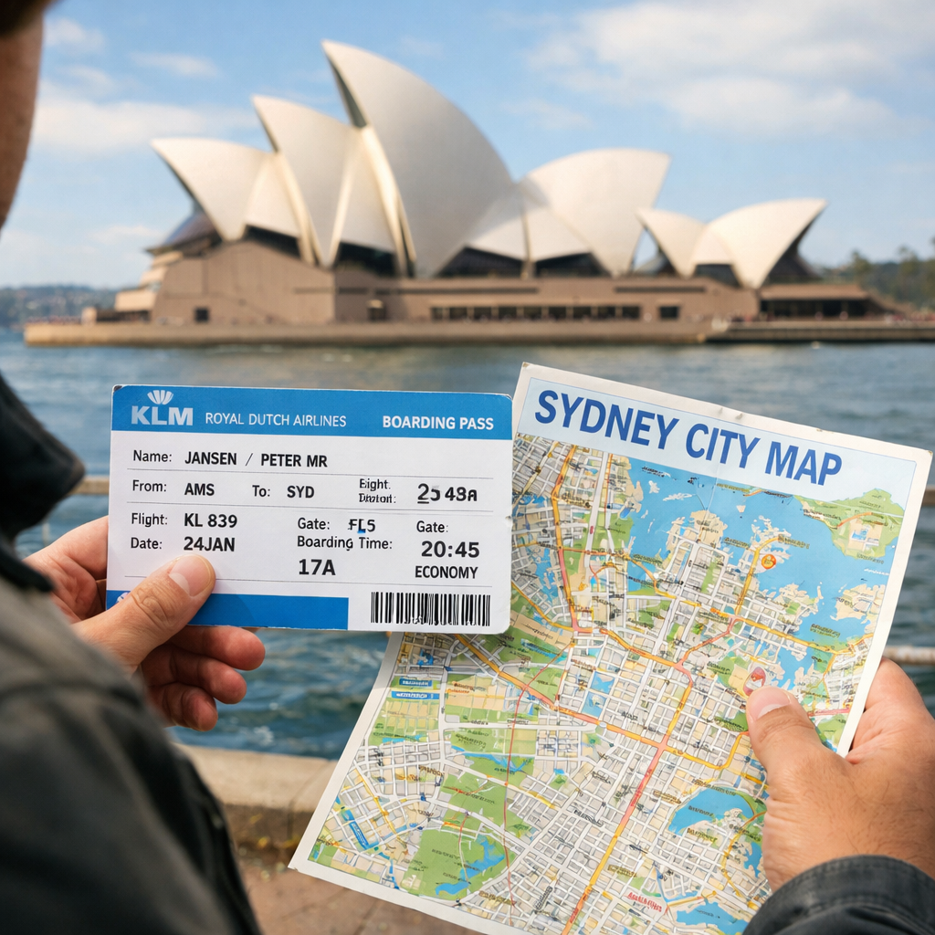 A realistic scene of a traveler holding a KLM boarding pass while looking at a Sydney city map, with the Sydney Opera House in the background. Alt: traveler with boarding pass, Sydney map, Opera House.