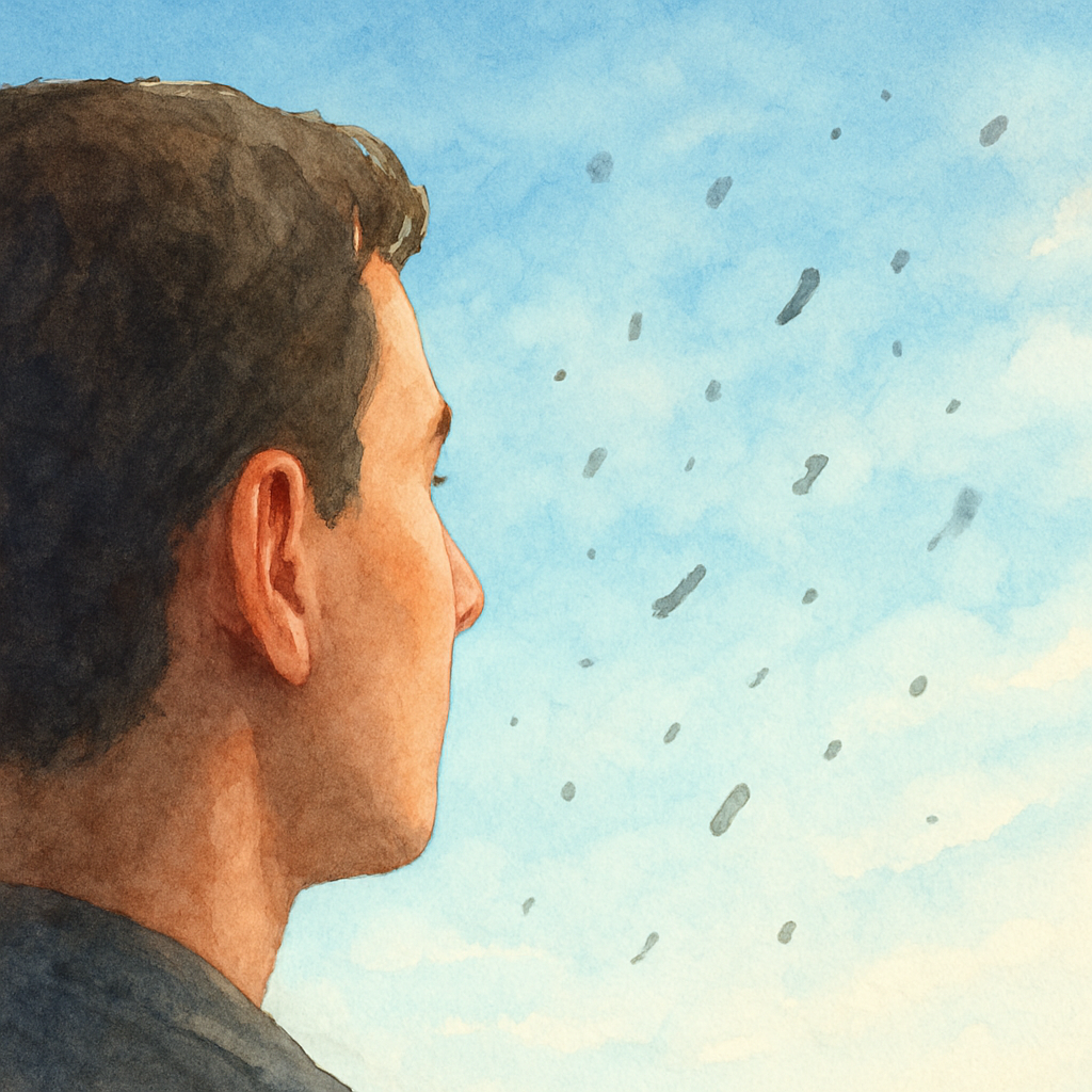 A close‑up of a person looking at a bright sky with subtle specks floating across the view, illustrating floaters after cataract surgery. Alt: Floaters after cataract surgery visual example