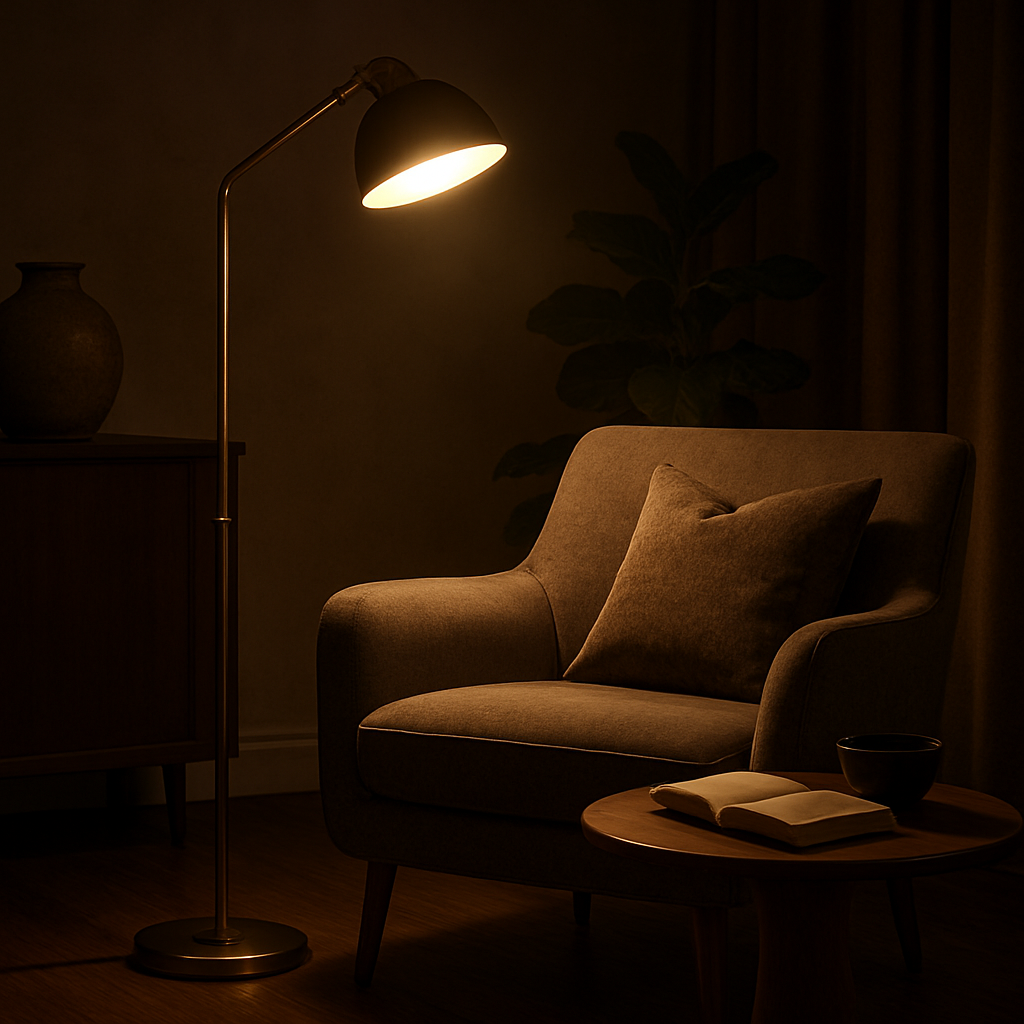 A luxurious living room corner with a modern floor lamp casting warm, bright light onto a reading chair and a side table. Alt: Floor lamps with high output lighting for reading and ambience.