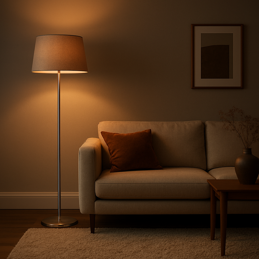 A stylish British living room with a tall, brushed‑steel floor lamp beside a low‑profile sofa, soft warm light spilling over a plush rug. Alt: Floor lamp height and proportion guide for UK homes.