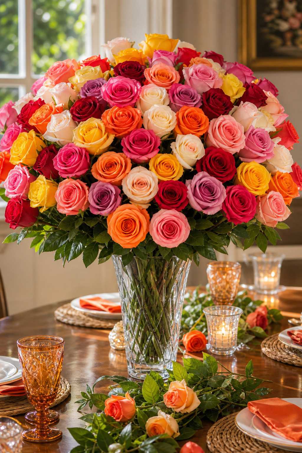 A towering bouquet of 100 assorted long-stem roses in a crystal vase, placed on an elegant dining table with soft natural light streaming in from a window, photorealistic style. Alt: 100 assorted roses bouquet premium long stem floral centerpiece Hollywood FL