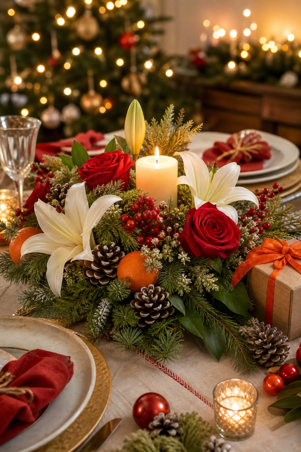 A festive Christmas table setting with a floral centerpiece featuring red roses, white lilies, pine branches, and a glowing candle, surrounded by holiday decorations, photorealistic. Alt: Christmas candlelight centerpiece floral arrangement Hollywood FL