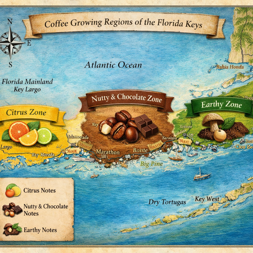 A realistic map of the Florida Keys showing three coffee‑growing zones with icons for citrus, nutty‑chocolate, and earthy notes. Alt: Florida Keys coffee region map with flavor icons.