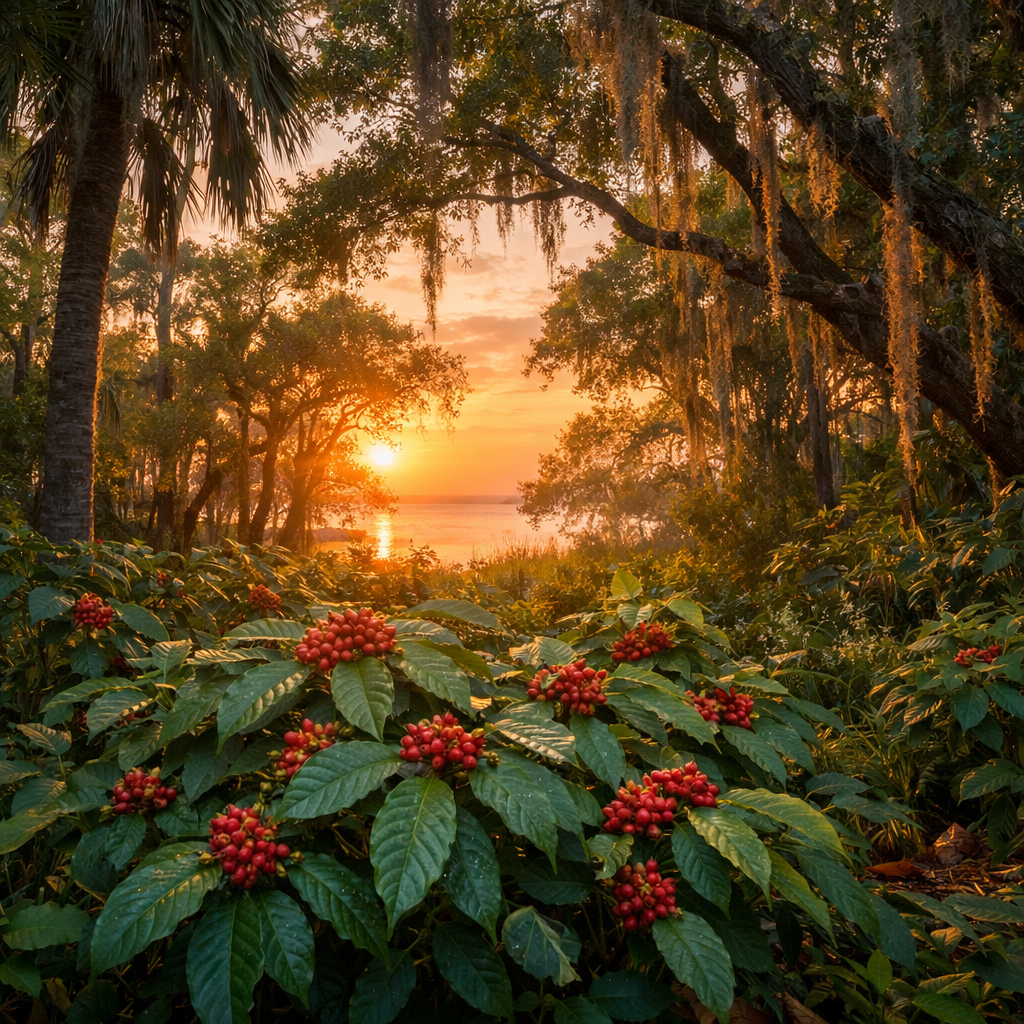 A realistic sunrise over a Florida hammock with wild coffee plants, soft light filtering through leaves, alt: Florida Keys coffee growing region