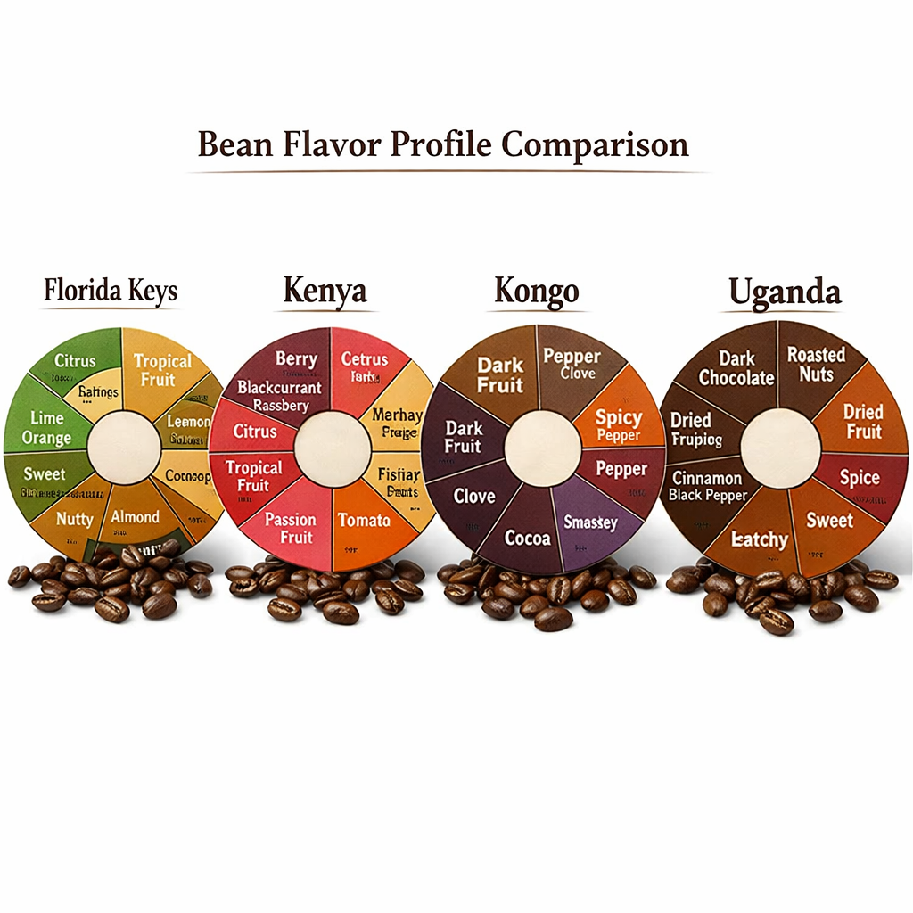 A realistic side‑by‑side illustration of coffee bean flavor wheels for Florida Keys, Kenya, Kongo, and Uganda, alt: bean flavor profile comparison