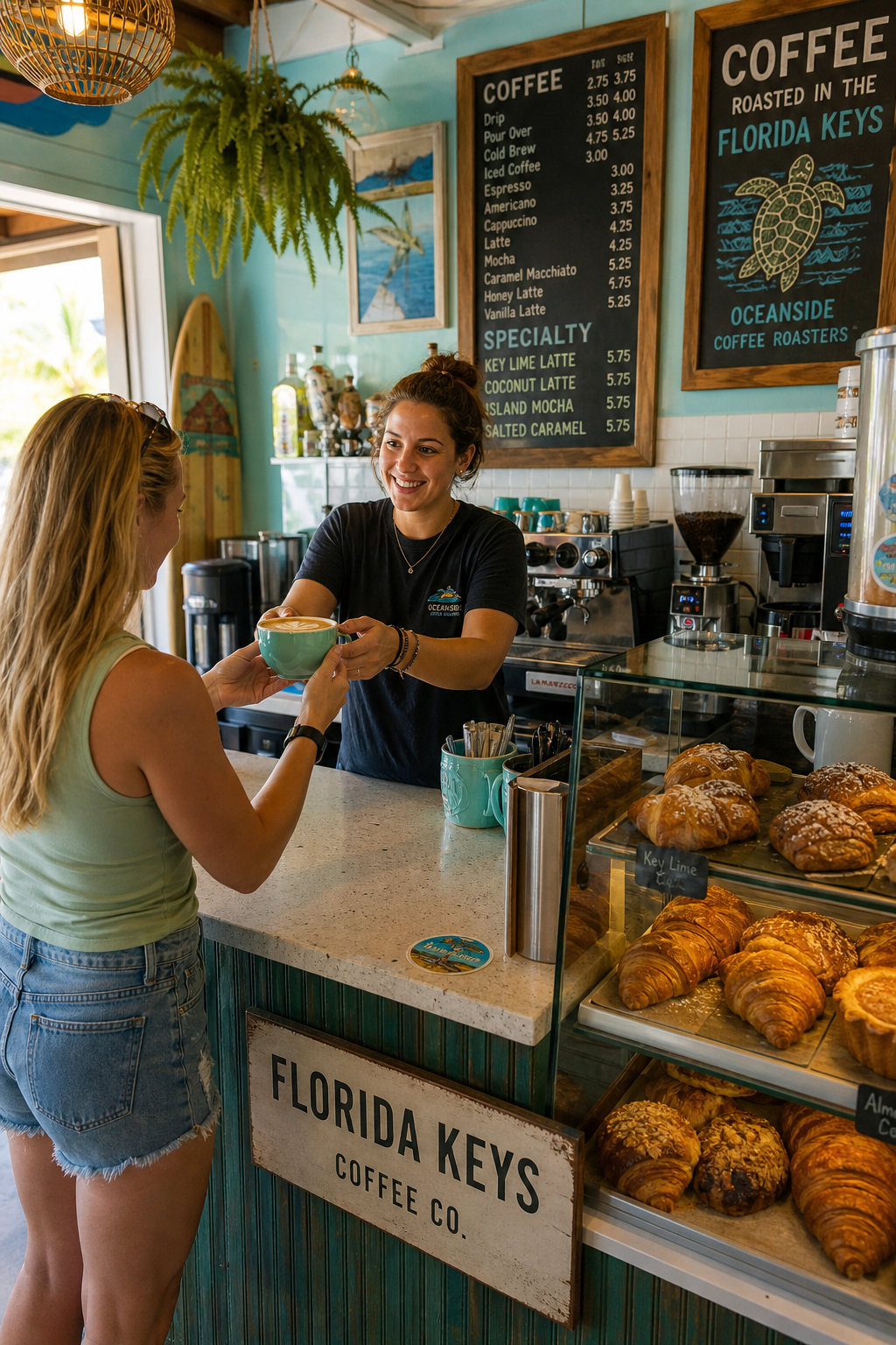 A vibrant scene inside a Florida Keys coffee shop with a barista handing a latte to a customer, pastries displayed in a glass case, and tropical decor. Alt: Visiting a Florida Keys coffee roaster to sample fresh beans and pastries for a coffee review.