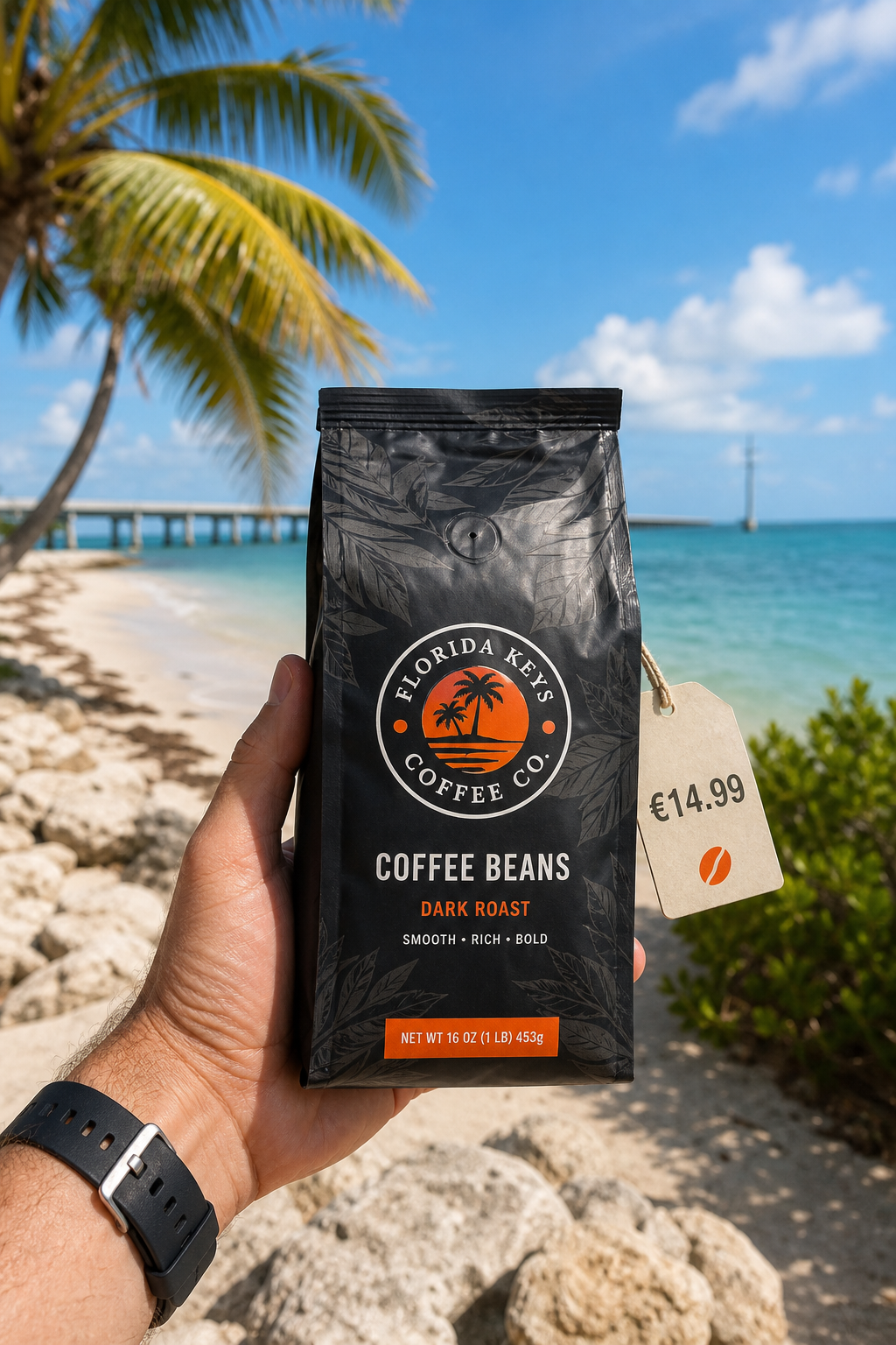 A photorealistic image of a hand holding a bag of coffee beans with a tropical beach background in the Florida Keys, showing a price tag. Alt: Florida Keys coffee beans price comparison on a beach.