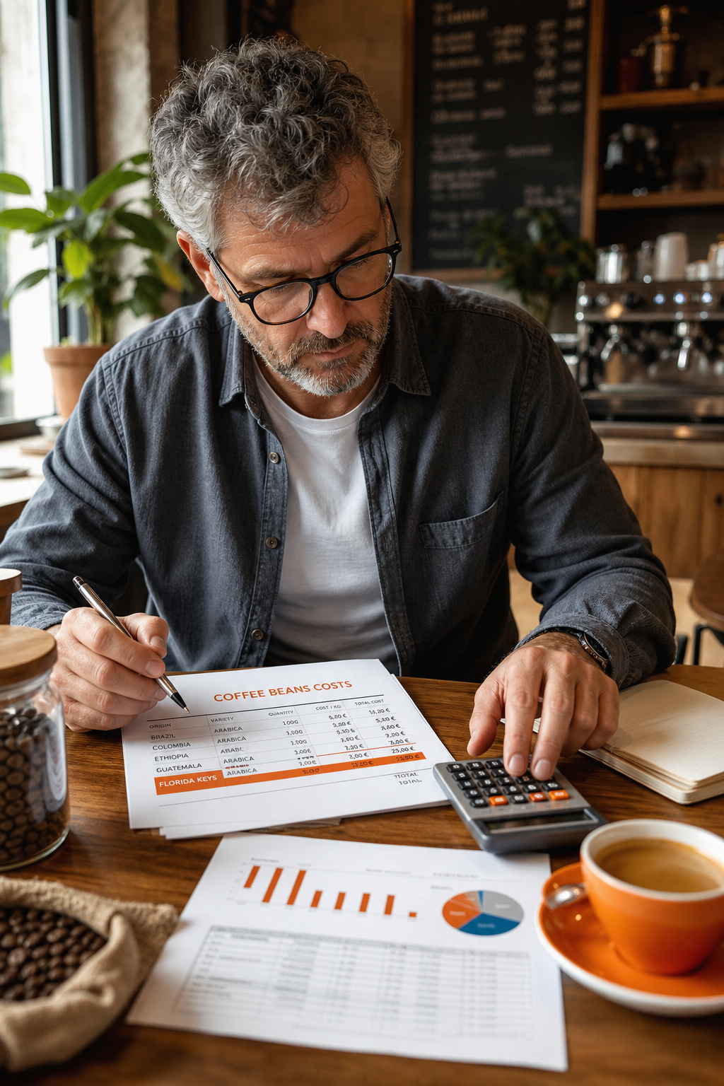 A photorealistic image of a coffee shop accountant looking at a spreadsheet with coffee bean costs and a calculator, on a wooden desk with a cup of coffee nearby. Alt: Calculating Florida Keys coffee beans price for coffee shop budget.