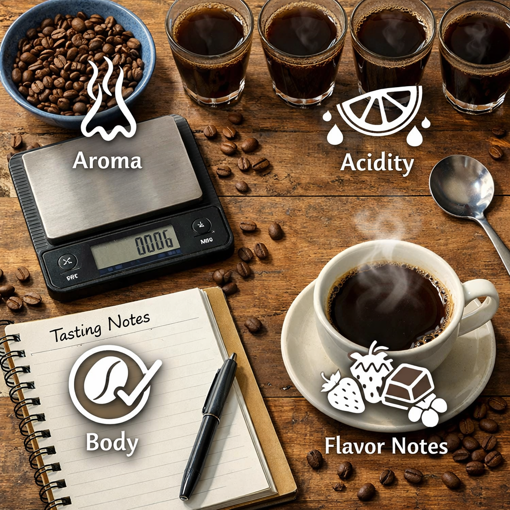 A realistic flat‑lay of a coffee cupping set with a notebook, a scale, and a steaming cup, overlaid with simple icons for aroma, acidity, body, and flavor notes. Alt: florida keys coffee beans tasting notes visual profile
