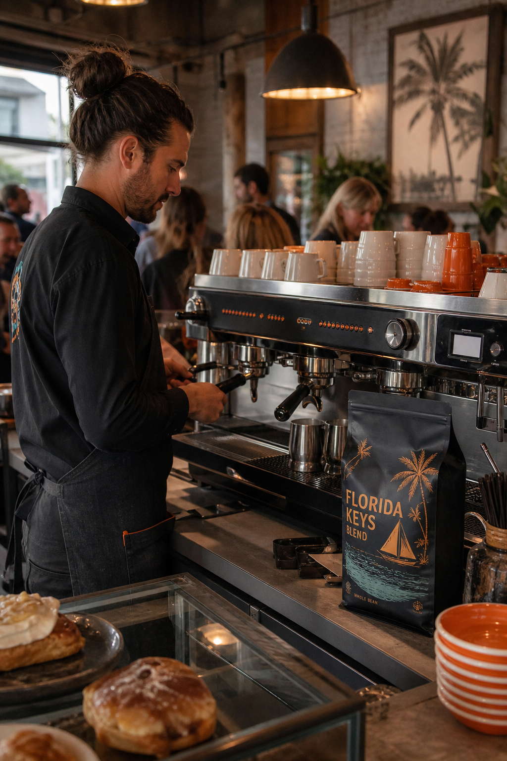 A photorealistic shot of a coffee roastery in the Florida Keys with a burlap sack of green coffee beans and the ocean visible through an open door. Alt: Florida Keys coffee roastery with green coffee beans.