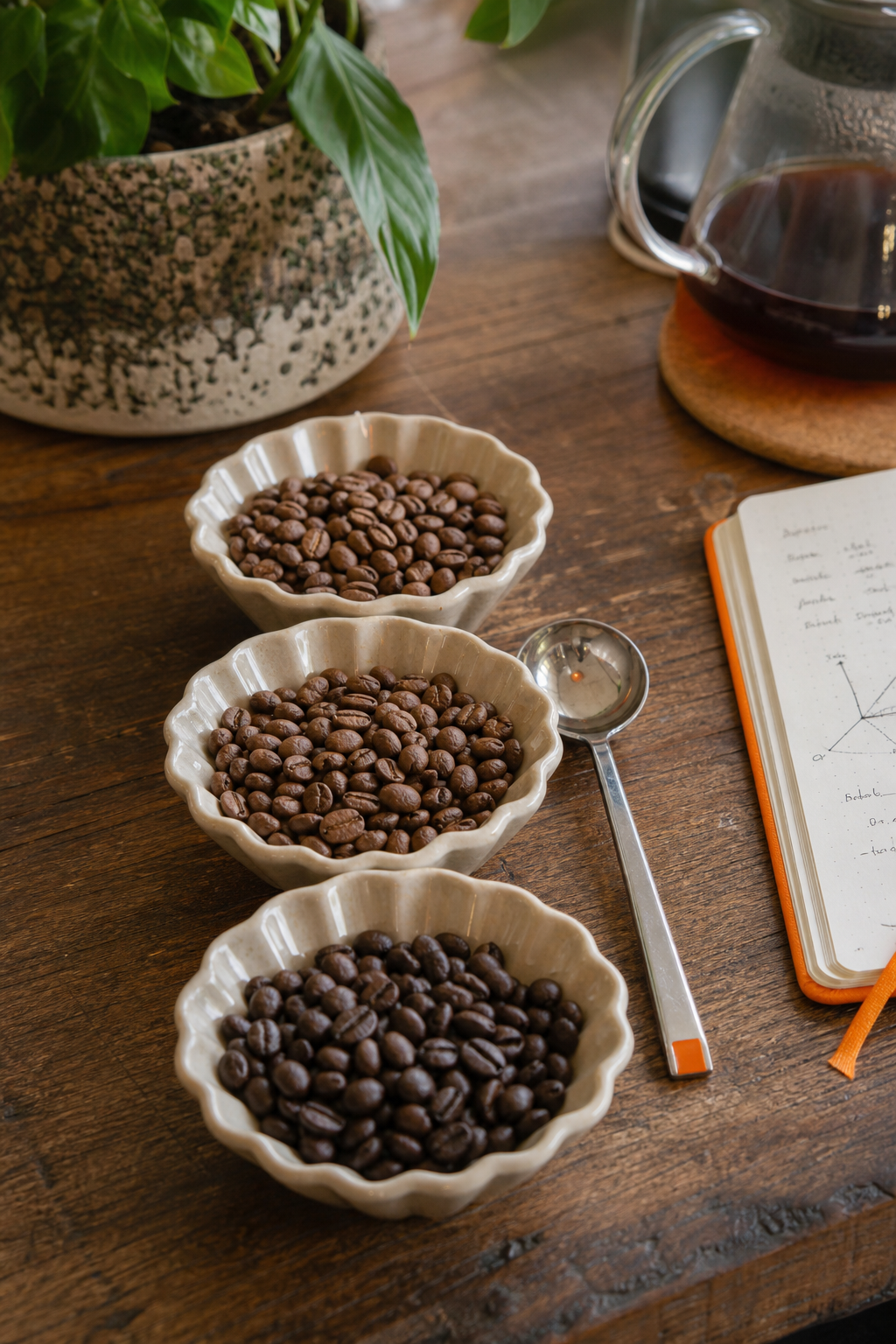 A photorealistic image of coffee cherries being sorted on a drying bed at a small farm in Latin America, with mountains in the background. Alt: Coffee cherry sorting on farm for ethical sourcing.