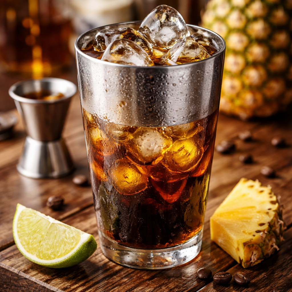 A photorealistic close‑up of a shaker filled with ice, dark coffee, and amber rum, with a lime wedge and pineapple slice nearby on a wooden bar. Alt: Florida Keys coffee cocktail drinks preparation