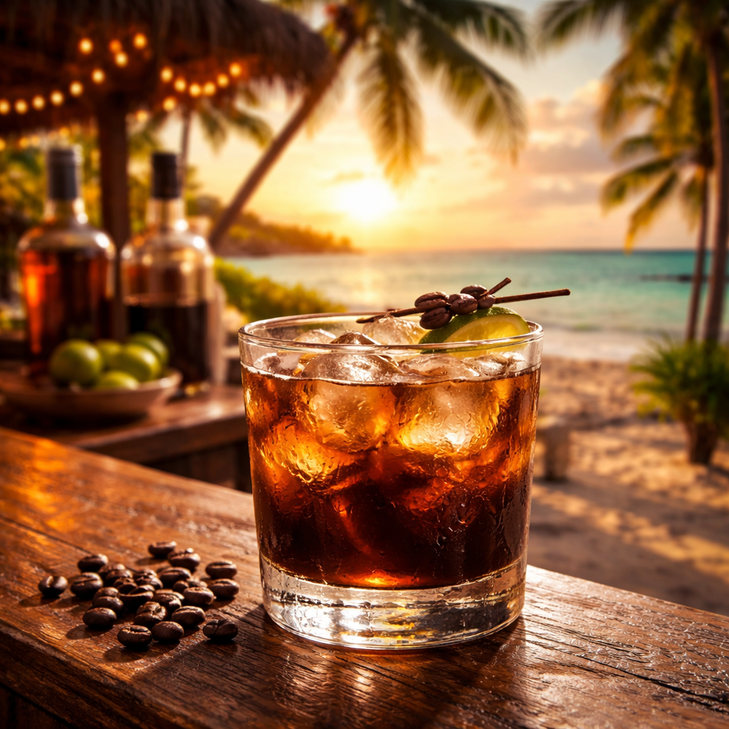 A photorealistic scene of a tropical beach bar with a lowball glass filled with a coffee‑rum cocktail, palm trees swaying in the background, warm sunset lighting. Alt: Florida Keys coffee cocktail served on a beach