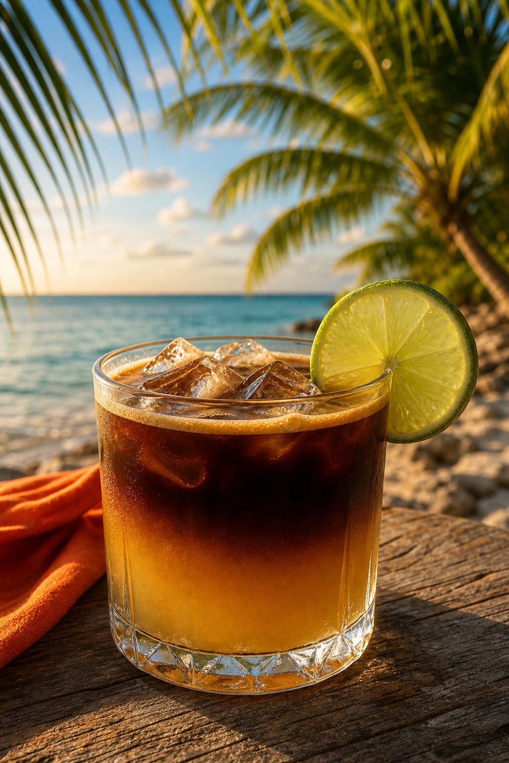 A close-up of a finished Florida Keys coffee cocktail in a lowball glass with a lime wheel on the rim, ice cubes floating, and a dark coffee layer on top. The background shows a tropical beach scene with palm leaves. Alt: Garnished Florida Keys coffee cocktail with lime wheel and tropical backdrop.
