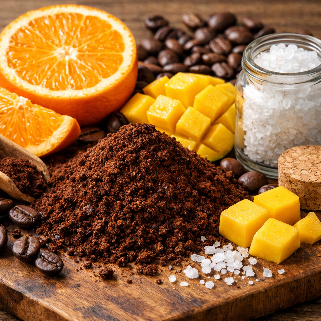 A photorealistic close-up of freshly ground coffee beans surrounded by fresh orange slices, mango, and a small jar of sea salt on a wooden board, representing the tropical and salty flavor notes of Florida Keys coffee. Alt: Florida Keys coffee flavor profile with citrus and tropical fruit notes.
