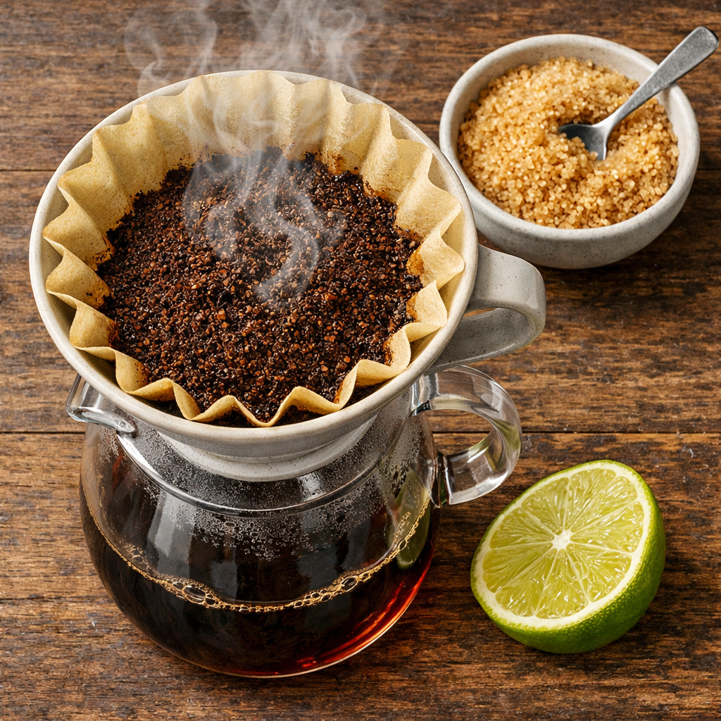 A photorealistic overhead view of a pour-over coffee dripper over a glass carafe, with fresh coffee grounds in the filter and steam rising, next to a small bowl of raw sugar and a slice of key lime. Alt: Best brewing method for Florida Keys coffee flavor profile pour-over setup.