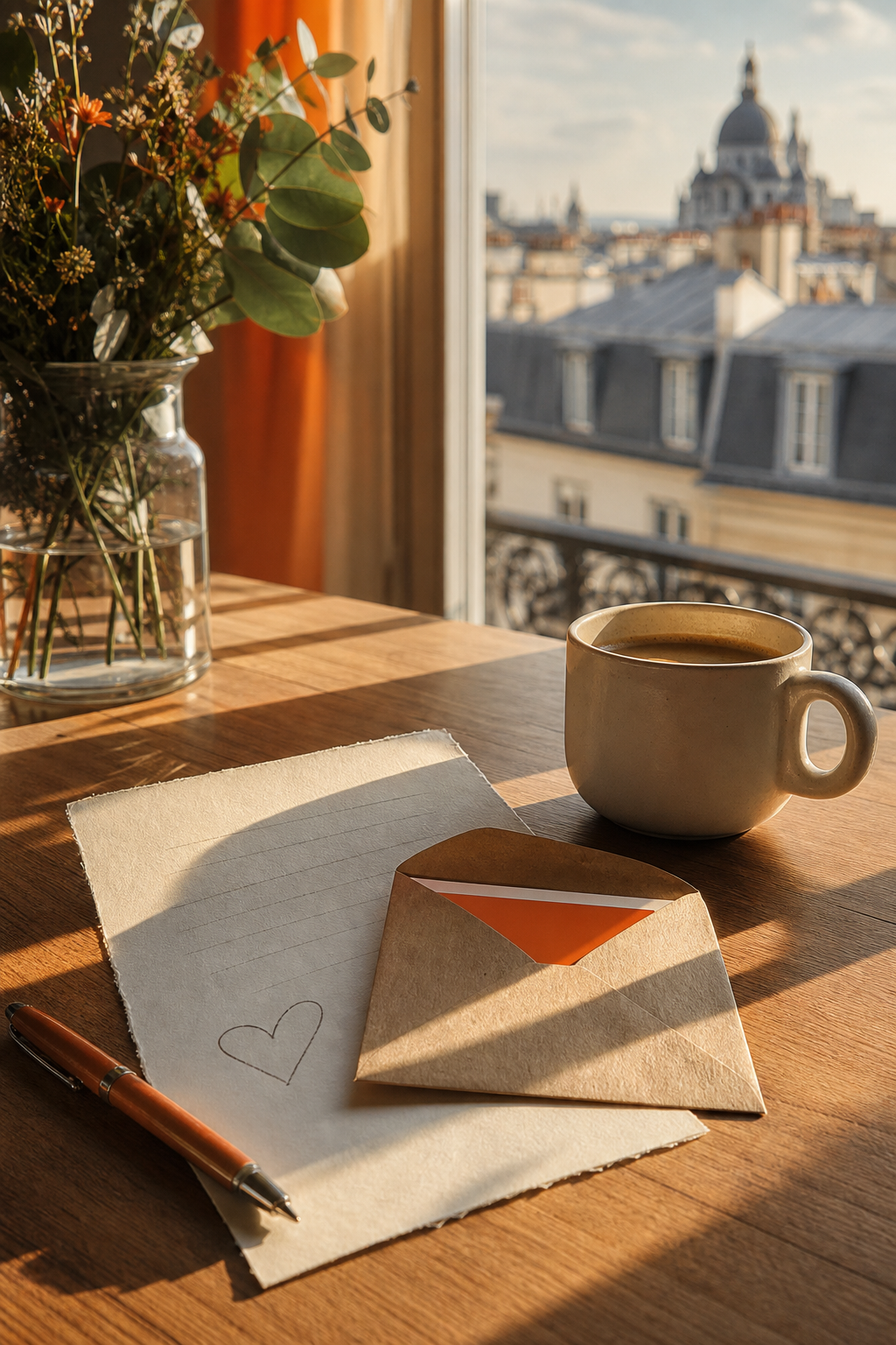 A cozy tabletop scene with a handwritten note, a coffee mug, and a small envelope containing a subscription card, all bathed in warm morning light. Alt: Coffee gift note and subscription card on table