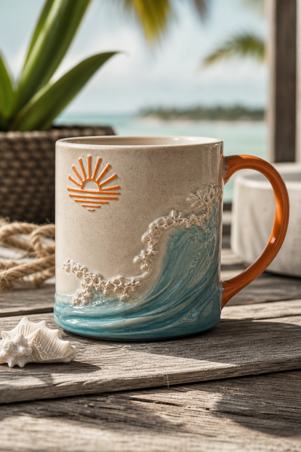 A photorealistic concept image showing a Florida Keys-inspired mug with a soft sand texture and a glossy wave design, Realism. Alt: Florida Keys mug concept with sand texture and wave design.
