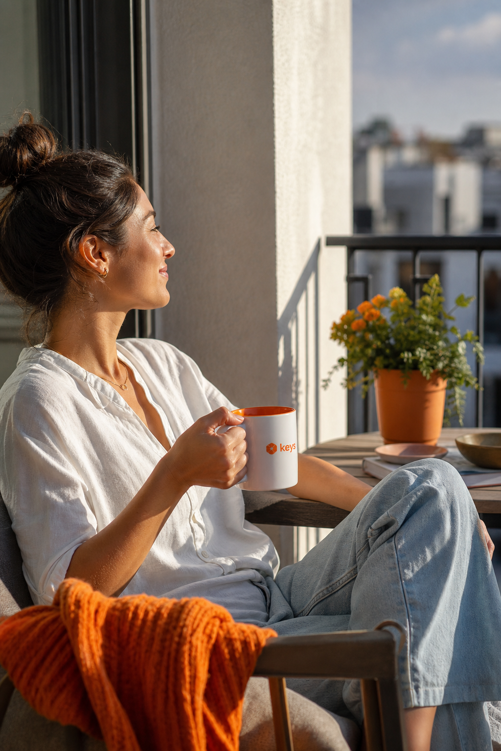 A lifestyle shot of a person on a sunlit balcony with a Keys mug, Realism. Alt: Keys mug lifestyle shot.