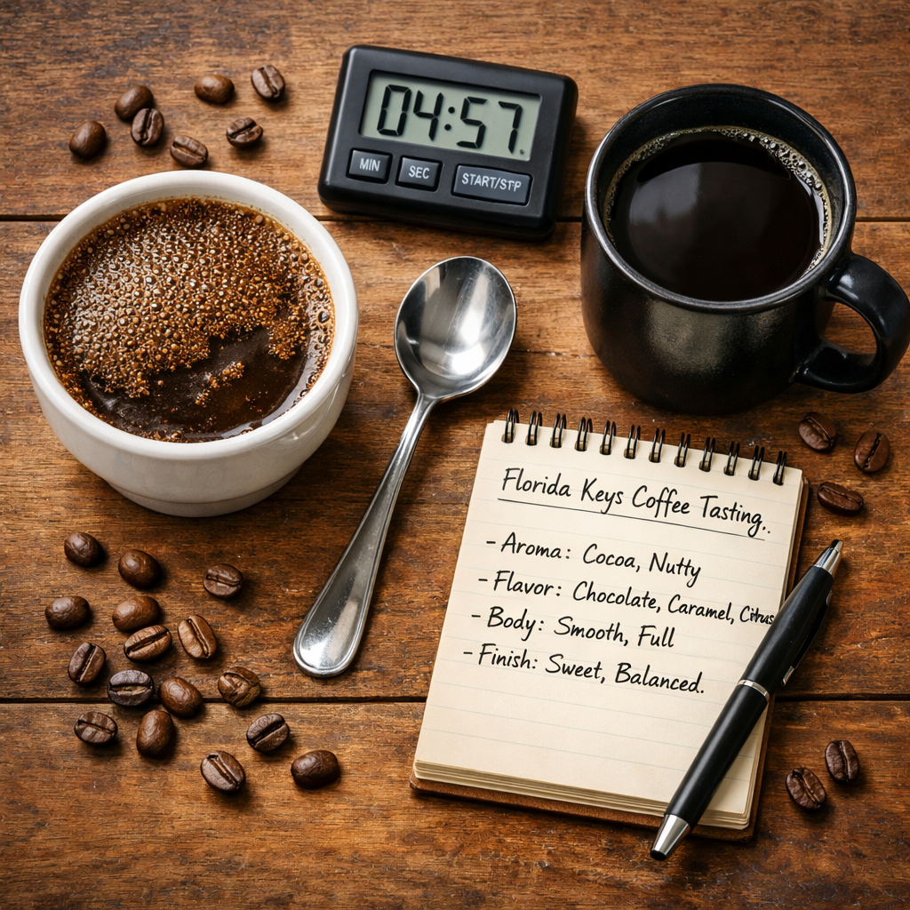 A photorealistic overhead shot of a coffee tasting setup on a wooden table, showing a ceramic cupping bowl, a spoon, a mug of coffee, a small notebook with handwritten notes, and a digital timer. Soft natural lighting, coffee beans scattered around. Alt: Coffee tasting setup with cup, spoon, timer, and notebook for recording florida keys coffee tasting notes.