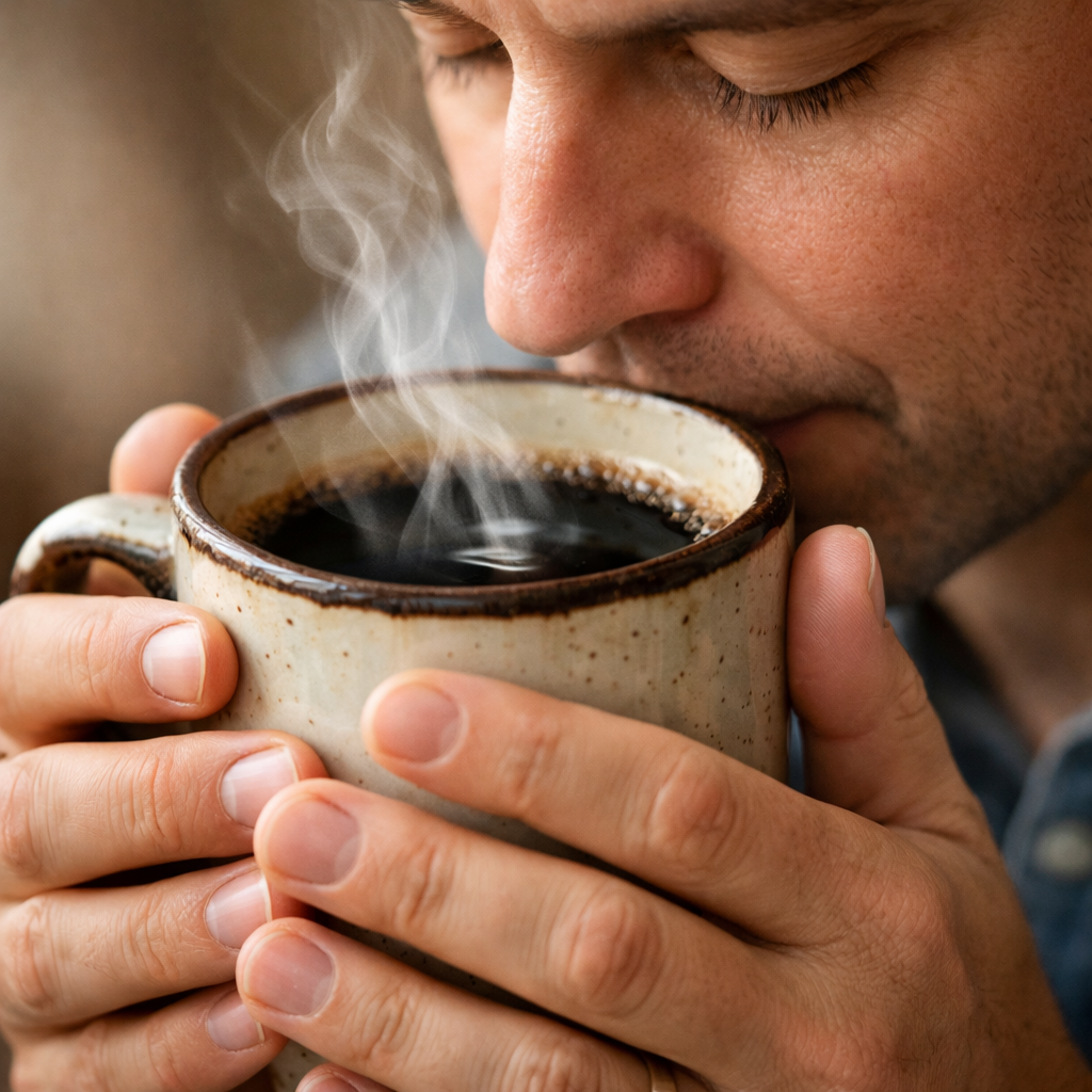 Close-up of a person's hands cupping a coffee mug, bringing it close to their nose to smell the aroma. Soft background, steam rising from the cup. Alt: Person evaluating the aroma of freshly brewed coffee to identify florida keys coffee tasting notes.