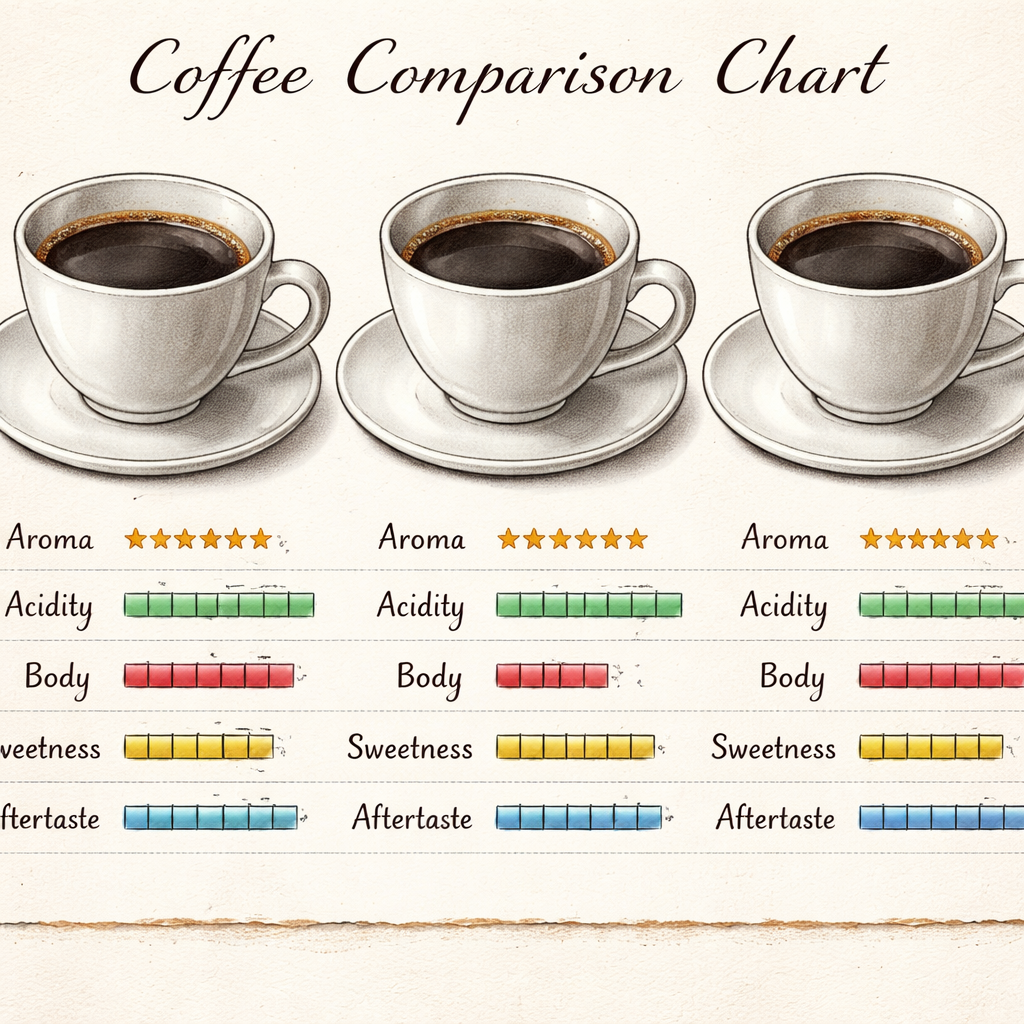 A realistic hand‑drawn style chart showing three coffee cups with rating bars for aroma, acidity, body, sweetness, aftertaste, each bar colored differently. Alt: coffee cup comparison chart