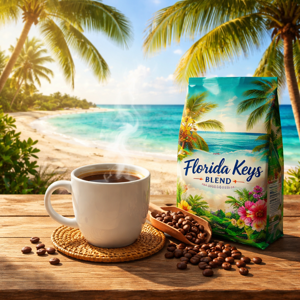 A photorealistic scene of a wooden table by a beach, a steaming cup of coffee beside a bag of tropical‑flavored beans, palm trees in the background, bright sunlight, Realism style, appealing to coffee lovers of all ages. Alt: Florida Keys inspired coffee blend on a beach table