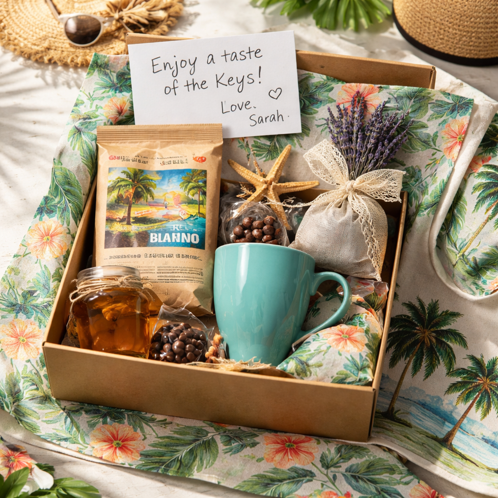 A photorealistic scene of a hands‑wrapped coffee gift box on a tropical‑patterned tissue, with a handwritten note, lavender sachet, and palm‑tree tote. Alt: Florida Keys inspired coffee gift ideas presented with personal touches.