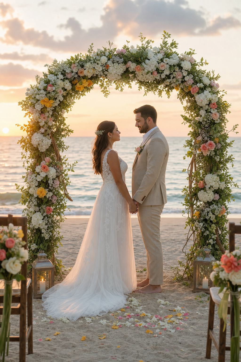 A photorealistic scene of a small beach wedding with a flower arch made of white and pink blooms, facing the ocean. Alt: Intimate beach wedding florals in Hollywood Florida